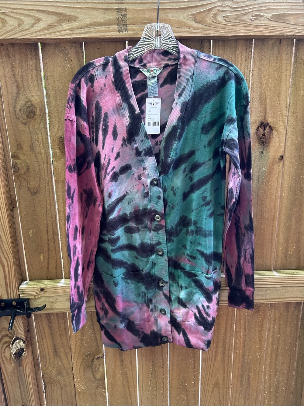 Jewel ToneTie-Dye Button-Front Cardigan with Pockets